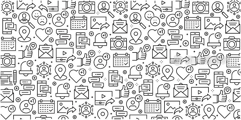 Vector set of design templates and elements for Social Media in trendy linear style - Seamless patterns with linear icons related to Social Media - Vector